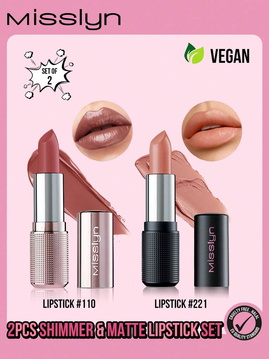 MISSLYN 2pcs Pearlescent & Matte Lipstick Set, Creamy Smooth Lipstick, Moisturizing Non-Sticky Lipstick, Creamy Nourishing Satin Lipstick, High-Gloss Intense Nude Layerable, Matte Lipstick, Intense Matte Pigmented Lipstick, Long-Lasting Matte Lipstick, Silky Soft Lipstick, Sensual Deep Red, Powder Smooth Texture