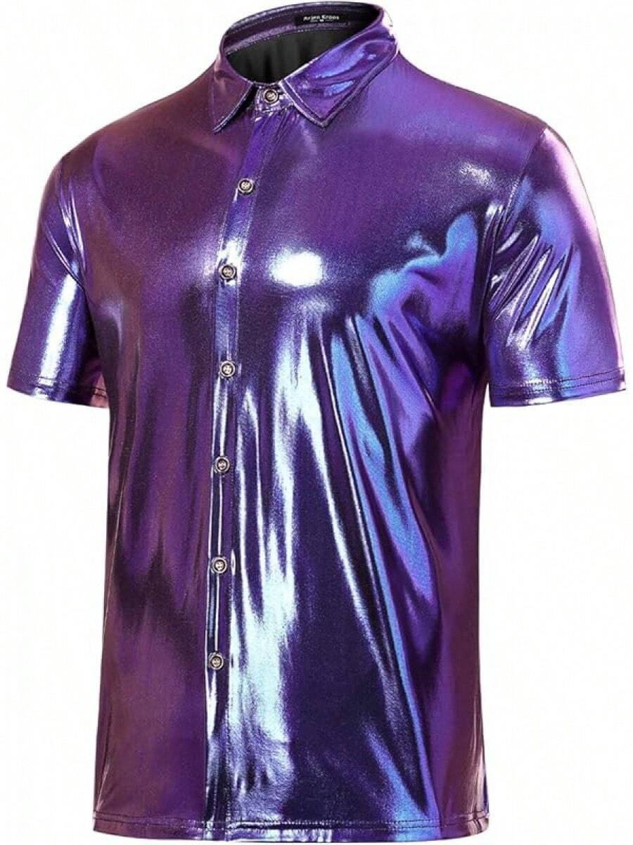 Mens Sequin Top 70s Outfit Disco Rave Party Collared T-Shirt Short Sleeve Breathable Metallic Shirthalloween - 紫色 - 查看 1