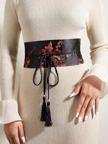 1pc Women's Vintage Embroidered Black Wide Waist Belt, Traditional Chinese Style Fabric Belt, Suitable For Dresses And Casual Wear, Easy To Hand Wash, Woven Design, Matching Dresses, Gowns, Coats, Suitable For Parties, Casual Outings, Campus, Dates, Daily Commute, Christmas, New Year