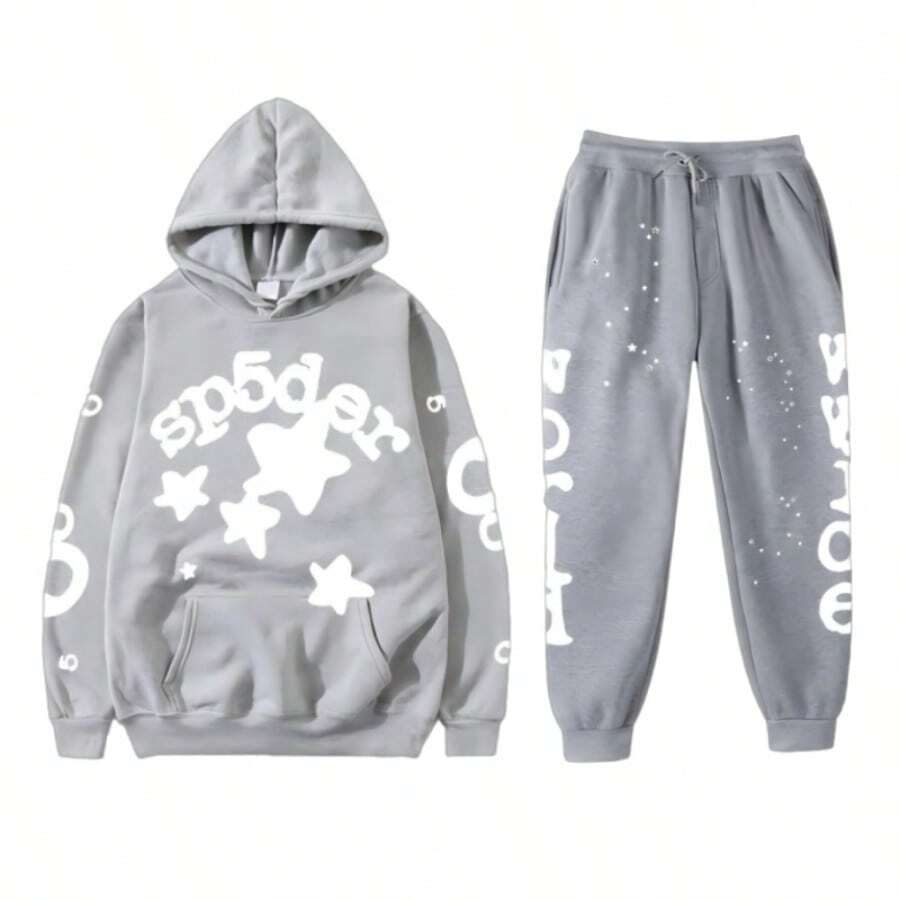 Casual Sports Hoodie Set - Star And Letter Art Print, Loose Fit, Combination For Daily Streetwear And Sports Outfits - 灰色 - 查看 1