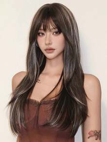 24/26英寸长直发合成假发，带刘海，采用天然耐热发质，全机织，适合角色扮演、派对、时尚女性日常佩戴和上学使用。 - 間色 - 查看 4