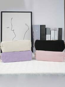 1pc Corduroy Zipper Pencil Case, Striped Design Pen Bag, Daily Small Items And Student Stationery Storage, Women's Cosmetic Pouch, Pen Organizer Bag, Back To School Essential Gift, School Supplies (Black)