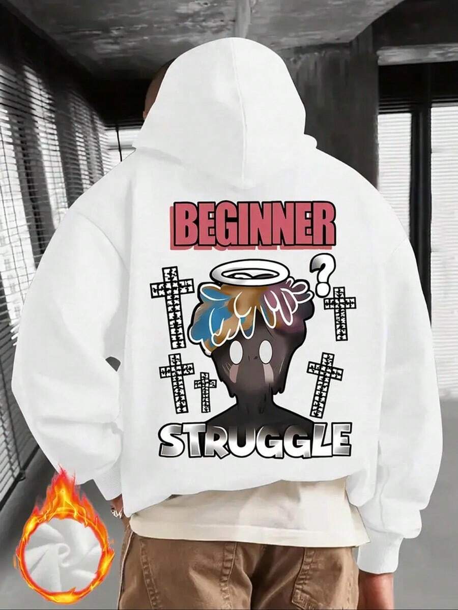 Men's Oversized Hooded Sweatshirt With Anime Manga Graphic Print & Japanese Text - Loose Fit Casual Pullover, Long Sleeve Winter Warmth, White With Black Japanese Lettering For Anime Fans,Fall Hoodies,Men's Fall Clothes,Street Wear,Halloween,Mens Hoodies,Y2k Clothes,Jesus Hoodie,Thanksgiving Day,Nightmare Before Christmas,Christmas - White - View 1