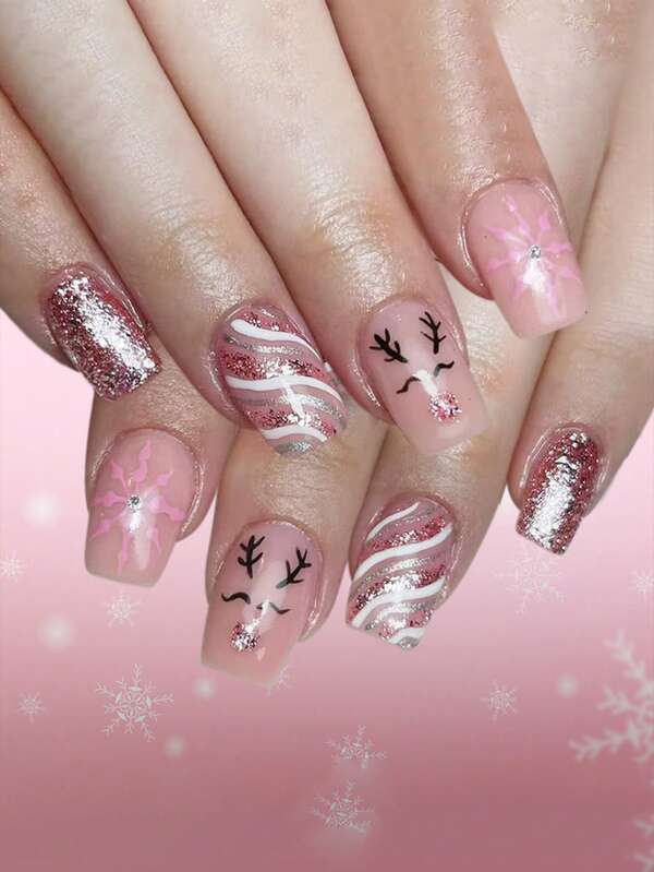 24pcs Shiny Short Nail Stickers With Christmas 2025, Pink Stripes, Snowflakes, And Cute Reindeer Designs