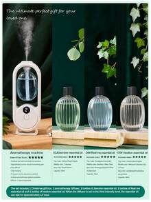 Un diffuseur d'arômes intelligent blanc, diffuseur d'huiles essentielles pour la maison au design minimaliste et moderne, avec 5 modes de fonctionnement et un éclairage ambiant romantique et coloré. Rechargeable par USB. Disponible avec un choix de sets d'huiles essentielles parfumées de 1 ou 3 bouteilles. Convient pour les chambres à coucher, les salons, les bureaux, les pièces pour animaux de compagnie et la désodorisation de la salle de bain. Également idéal comme décoration de fête, décoration d'intérieur ou cadeau de Noël.