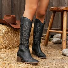 Women's Thick Heel Suede Material Pull-On Embroidered Brown Western Boots, Square Toe Mid-Calf Shaft Casual Riding Boots, Fashion Versatile Short Shaft Cowgirl Boots, Fall/Winter New - 黑色 - 查看 1