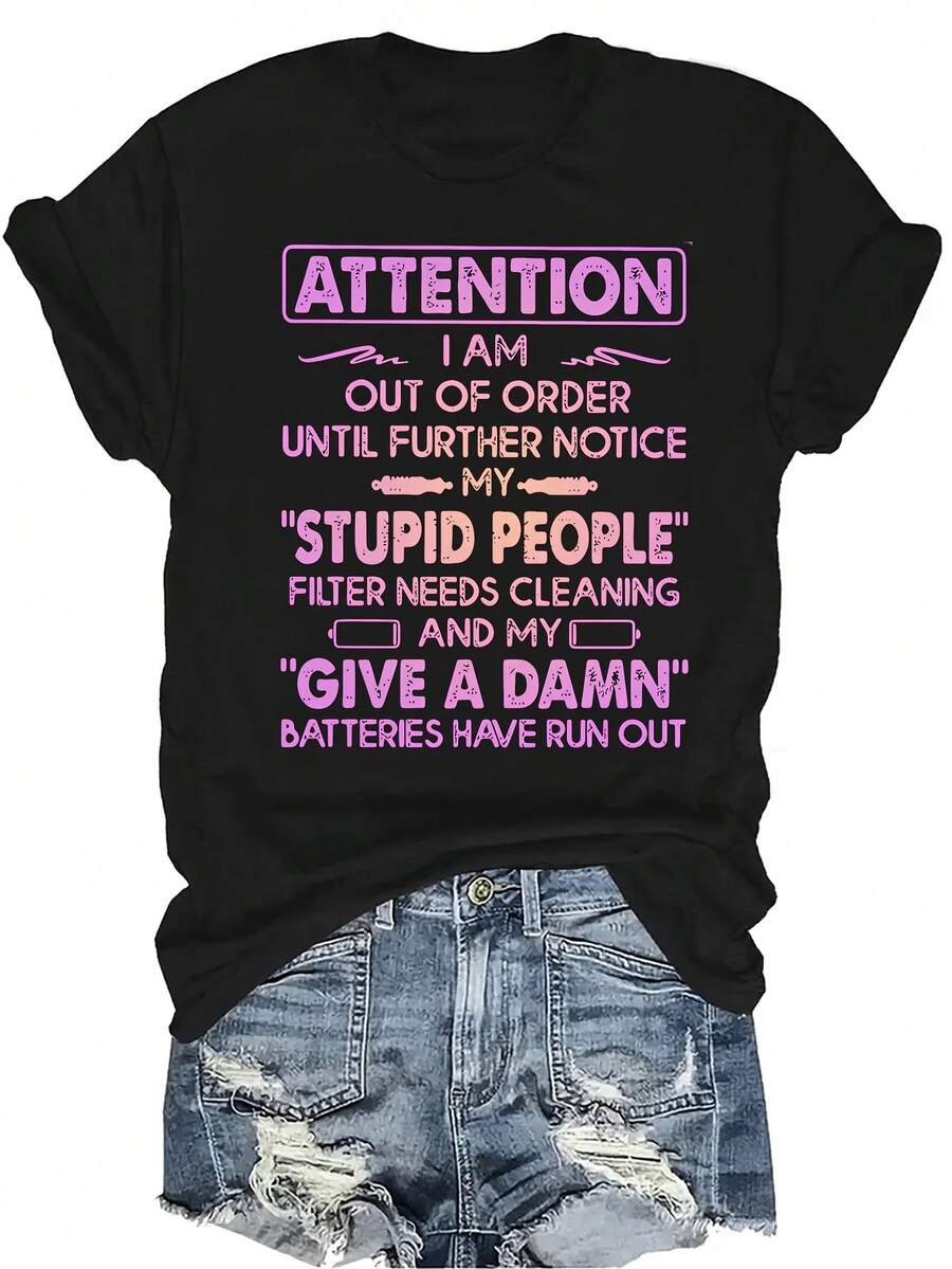 [Camiseta de moda casual] Camiseta suave y cómoda para mujer - Camiseta de cuello redondo de manga corta con señal de advertencia casual, regalo perfecto para la abuela y la mamá, uso casual de primavera y verano - Negro - Ver 1