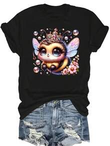 [Camiseta de Moda Casual] Camiseta de mujer suave y cómoda - Parte superior de manga corta de cuello redondo con estampado casual de hada y abeja, regalo perfecto para la abuela y la mamá, uso casual de primavera y verano - Negro - Ver 1