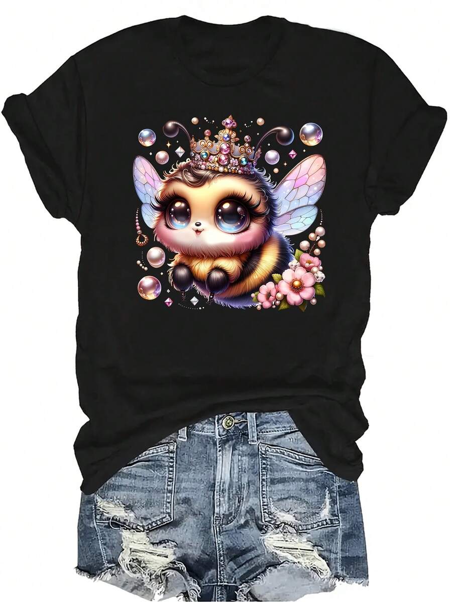 [Camiseta de Moda Casual] Camiseta de mujer suave y cómoda - Parte superior de manga corta de cuello redondo con estampado casual de hada y abeja, regalo perfecto para la abuela y la mamá, uso casual de primavera y verano - Negro - Ver 1