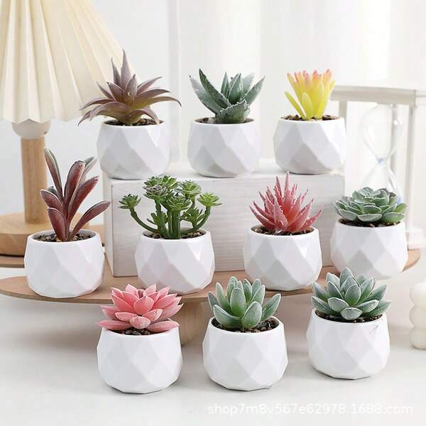 1pc Faux Flocked Succulent Diamond Pattern/Small White Pot Plant Potted Artificial Flower Decor Fake Succulent Desktop Ornament