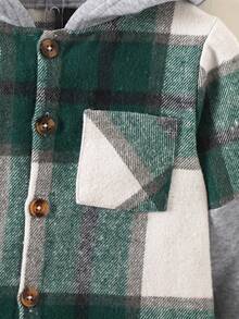 2 件套男童休闲装，格子拼布单排扣口袋连帽夹克 + 宽松长裤，加厚男童秋冬套装