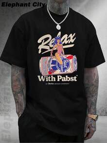 Men'S Graphic Tee - 1950s Pop Art Beer T-Shirt 2025 - Unisex 100% Cotton Relax With Pabst Graphic Top, Spring New Retro Streetwear For Casual Outfits & Everyday Gifting - 黑色 - 查看 2