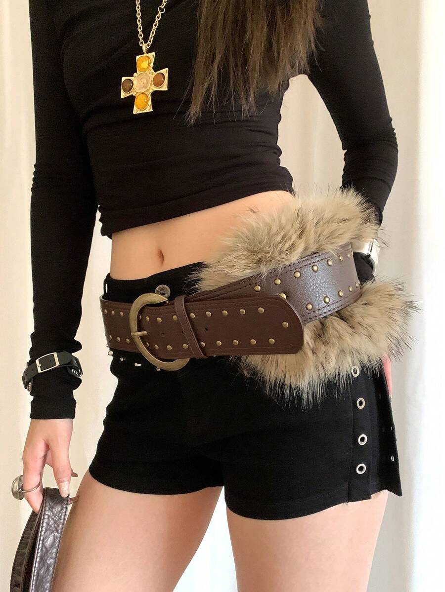 1pc Women's Brown PU Leather Double Row Antique Copper Rivet Fuzzy Belt