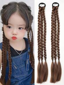 2 piezas Peluca de trenza de cabello sintético natural para niñas con banda elástica, estilo ballet, accesorio para el cabello con lazo decorativo, trenza retorcida y coleta