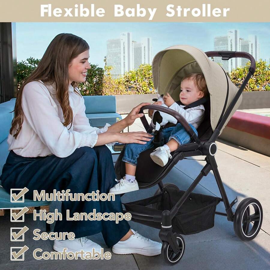 Cochecito de bebé plegable, de viaje, con asiento reversible, plegado con una sola mano, capota y reposapiés ajustables, para recién nacidos y niños pequeños - beige - Ver 1