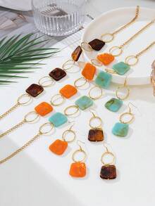 Set de 3 piezas de joyas elegantes con aretes y collar de círculo de resina de colores, regalo para mujeres