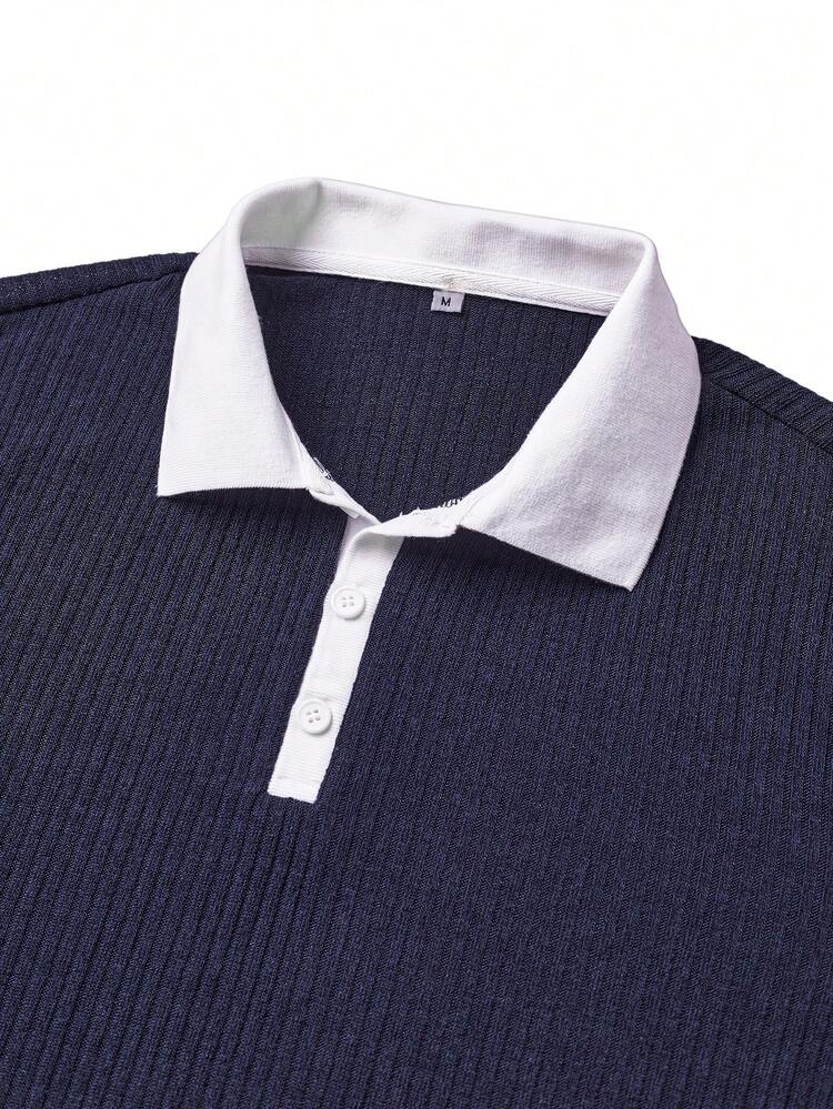 Chemise polo décontractée pour hommes avec texture côtelée, col bicolore et fermeture à boutons, manches longues, automne/hiver