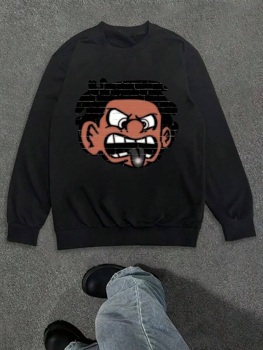 Men's Casual Long-Sleeve Pullover Sweatshirt - Polyester Blend, Stretch Fit With Cartoon Print, Round Neck - Perfect For Fall & Winter,Fall Hoodies,Men's Fall Clothes,Street Wear,Halloween,Mens Hoodies,Y2k Clothes,Jesus Hoodie,Thanksgiving Day,Nightmare Before Christmas,Christmas - Black - View 1