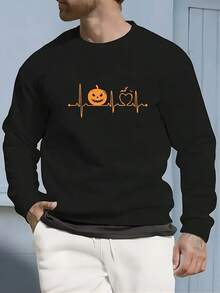 Men's Casual Round Neck Sweatshirt With Halloween Letter Print, Polyester, Machine Washable, Autumn And Winter, Fashion,Fall Hoodies,Men's Fall Clothes,Street Wear,Halloween,Mens Hoodies,Y2k Clothes,Jesus Hoodie,Thanksgiving Day,Nightmare Before Christmas,Christmas - Black - View 1