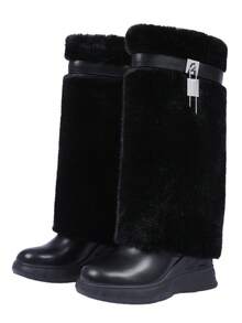 Fluffy Fuzzy Knee Boots For Women Plush Soft Furry Winter Long Boot Solid Color Round Toe Silp-On Outdoor Fall/Winter Christmas Party Snow Boots - màu đen - Xem 5