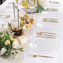 50/25/12 Pieces Transparent Gold Plastic Cutlery Set, Hammer Edged Party Plates With Gold Trim, Reusable Transparent Plates Suitable For Banquets And Appetizers - Perfect For Parties, Weddings, Birthdays, And Dining Events (Christmas/Valentine's Day/Mother's Day), Wedding Utensils, Event Table Supplies, Fashionable Plates, Elegant Utensils, Lightweight Plates, Durable Plastic Materials, Family Entertainers, Catering Services - 透明 - 查看 3