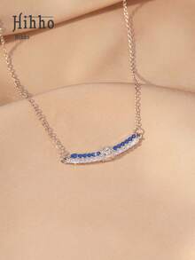 Hihho 1pc New Elegant Navy Blue & Transparent White Zirconia Stainless Steel Necklace, Fashionable Multifunctional Necklace, Curved Women's Minimalist Delicate Gold-Plated Flower Necklace, Suitable For Daily Wear, Weddings And Parties