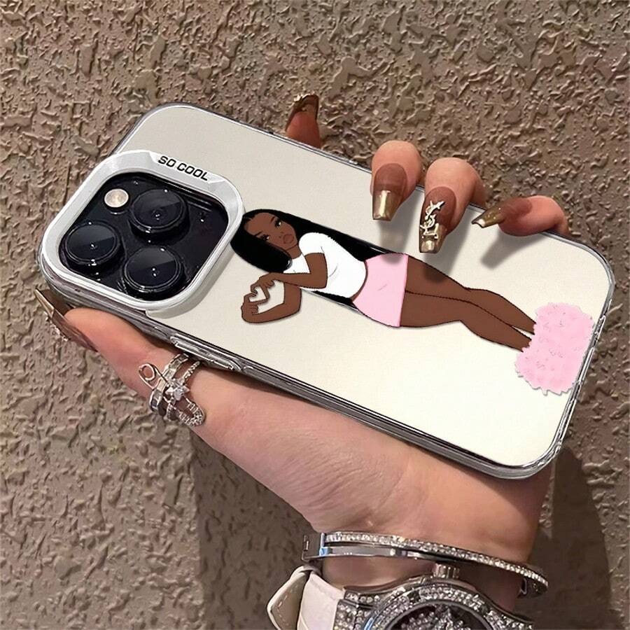 1pc More Than A Caring Girl With Dark Skin Compatible For Phone17/16/15/14/13/12/11/8/ 7ProMax/Pro/Plus/Xs Max/XS/X,For Compatible With Colored Simple  Fall Prevention Anti-Shock, Anti-Slip, Anti Drop, Camera Lens Protection, Silicone Anti Wear Phone Case - Silver - View 1