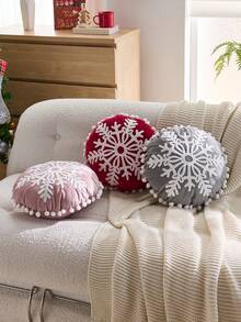 1 Stück Weihnachts-Rot Schneeflocke bestickte runde Kissenbezug, geeignet für Inneneinrichtung, Weihnachtsdekokissenbezug, Kissenfüllung nicht enthalten