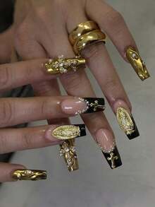 24pcs Long Coffin Shaped Luxury French Manicure Nail Stickers, Black & Gold Glitter Design With 3D Pearl Decor, Suitable For Women & Girls To Wear For Parties, Galas Or Daily Use - 多色 7 - 查看 7