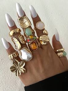 Bộ 25/20/15/5 chiếc nhẫn xu cổ điển nhiều mảnh có thể xếp chồng lên nhau, họa tiết hoa, đá quý nhiều màu, hình học, thắt nút, kết cấu ngọc trai giả bất đối xứng, giọt nước, sóng, nhiều lớp đan chéo, rỗng, hình trái tim, tối giản, nhẫn bản rộng trơn, thời trang, thanh lịch, cổ điển, thiết kế tinh xảo, thích hợp cho ngày lễ, tiệc tùng, hẹn hò, quà tặng, đeo hàng ngày - Vàng - Xem 2