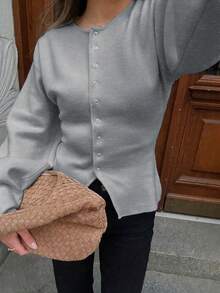 SEREN 灰色圆领多扣长袖针织开衫，宽松休闲通勤风毛衣外套，灰色 - 灰色 - 查看 1