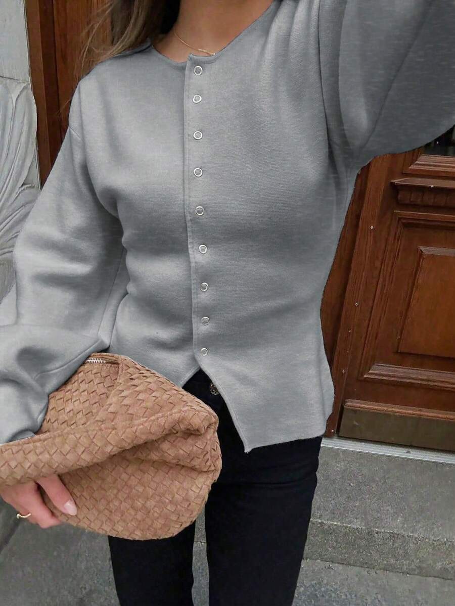 SEREN 灰色圆领多扣长袖针织开衫,宽松休闲通勤风毛衣外套,灰色 - 灰色 - 查看 1