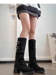 女士时尚双排扣侧扣方跟圆头踝靴，百搭修身，适合春秋季节