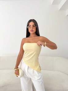 Women's Asymetrical Ribbed Dress - With Pads - Side Slit Simple Casual Backless Asymmetrical Split Evening - 糖果黃 - 查看 3