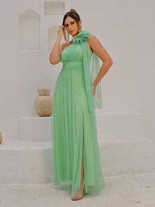 Long One-Shoulder Dress With Glittery Flower - Mint Green - View 4