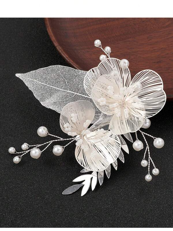 Korean Style Bride Accessories, Copper Piece & Golden Thread Leaf Ornaments, Handmade Pearl Hair Clip, Wedding Headdress