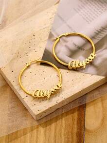 Personalized Stainless Steel Jewelry 40mm Hoop Earrings, Romantic Custom Name Accessories For Women, Birthday Party Christmas Gift - Gold - View 4