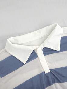T-shirt polo à manches longues avec imprimé rayé à la mode pour femmes, décontracté et sportif pour l'automne - Bleu et Blanc - Voir 6