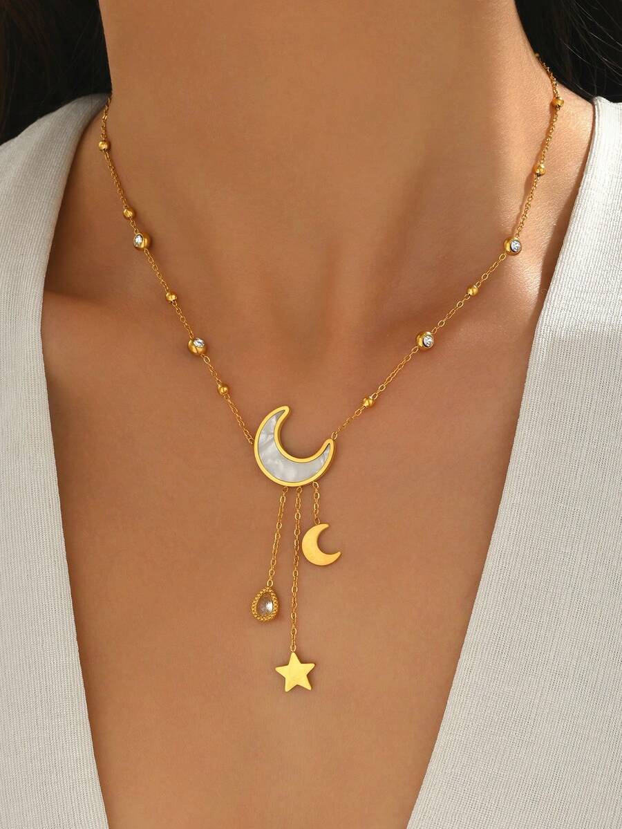 1件女士18K镀金不锈钢星星、月亮、水滴、锆石、珍珠母贝时尚首饰 - 金色 - 查看 1