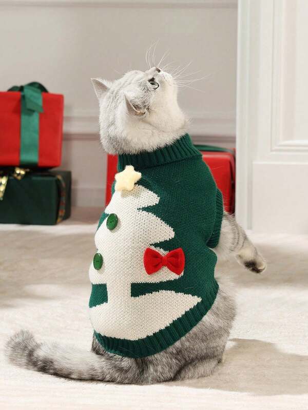 1 قطعة كنزة صوفية عيد الميلاد للحيوانات الأليفة، بتصميم شجرة عيد الميلاد، قماش ناعم ومريح، متوفرة بألوان متعددة، مناسبة للقطط والكلاب الصغيرة