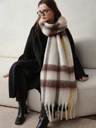 1 件女士厚实保暖双色条纹拼布围巾，适合户外、日常通勤、秋冬