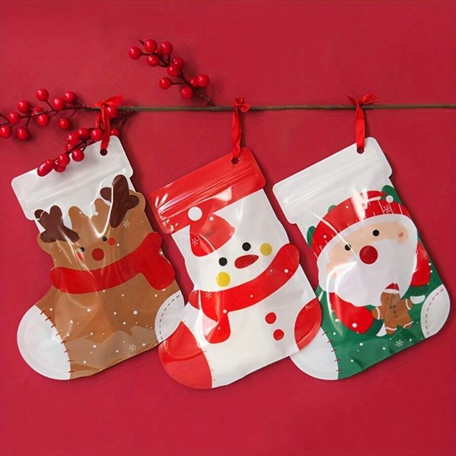Bolsas de regalo navideñas con cierre hermético - Diseños de Papá Noel, muñeco de nieve y reno - Ventana transparente, cierre de cremallera - Para dulces, galletas, recuerdos de fiesta, envoltura de regalos - Decoración de fiesta navideña - No se requiere electricidad - Bolsas de regalo navideñas, diseño navideño, plástico duradero, almacenamiento de aperitivos, tema de Papá Noel, construcción resistente, decoración del hogar
