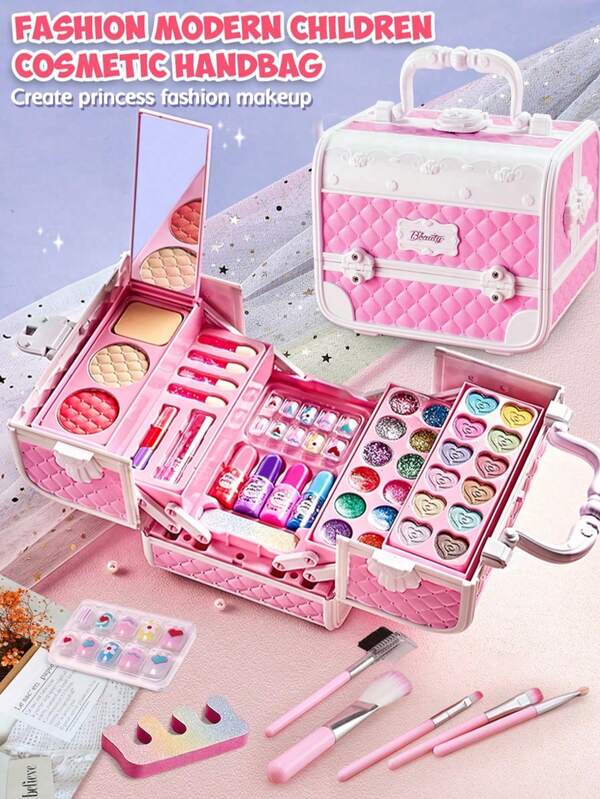 1 pieza Juego de maquillaje de juguete para niños, paleta de maquillaje para niñas, bolso de princesa, kit de tocador de belleza, lápiz labial, sombra de ojos, regalo de cumpleaños para niños