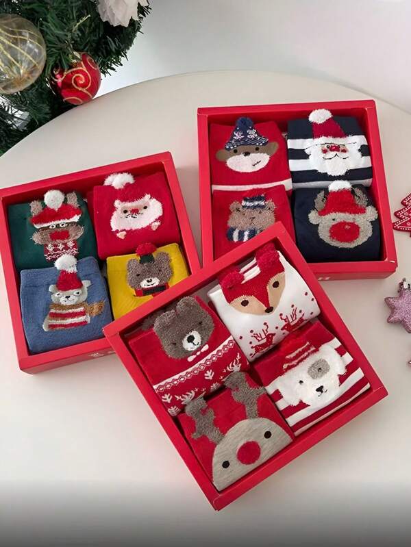 2/4 Paar/Set Geschenkbox Weihnachtssocken für Frauen - Kuschelige Baumwoll Wadensocken mit Rentier Motiv, süßes Cartoon Design für Feiertage - Passend für Größen 34-43, sortierte Farben & Styles