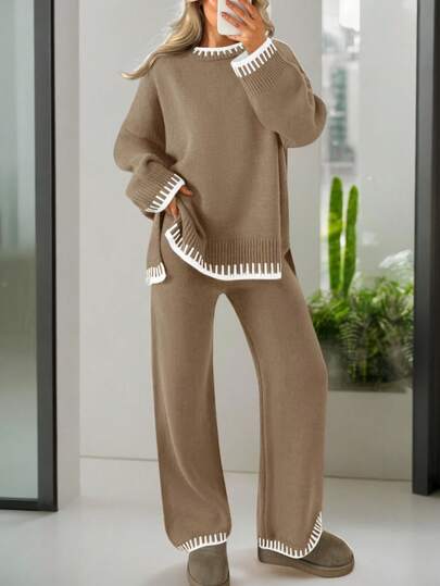 2pcs Women Colorblock Sweater Set, Long Sleeve Crew Neck Sweater Top And Pants, Women Casual Loungewear Set For Autumn/Winter