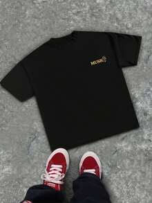 Musical Note Graphic T-Shirt. 220 G/M² Pure Cotton Crew Neck T-Shirt. Double-Sided Print. Breathable Fabric. Durable. Sl Im Fit. Minimalist Design. Lightweight. Comfortable. Summer Wear. - 黑色 - 查看 2