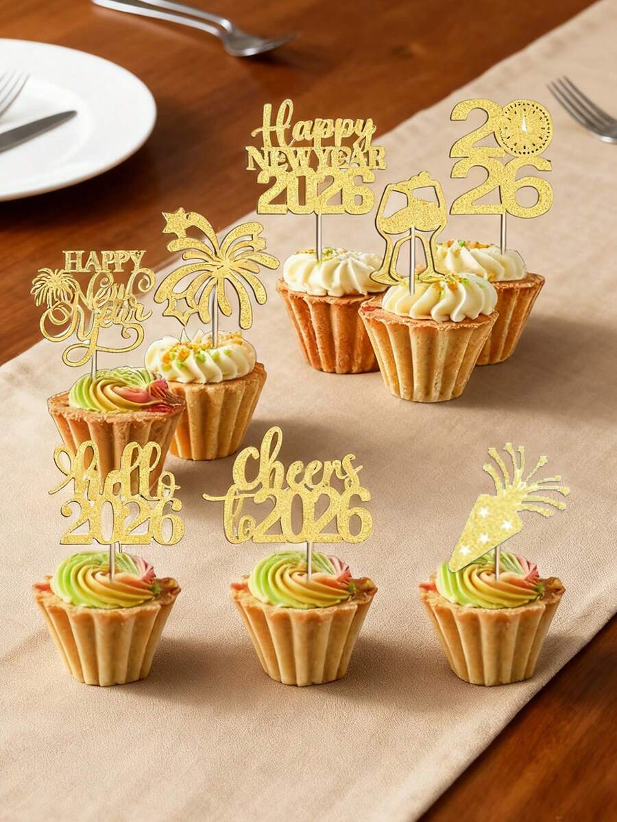 16入/24入新年派對蛋糕裝飾插牌 雙面新年祝福插牌 倒數計時插牌 生日甜點桌裝飾 - 彩色 - 查看 1
