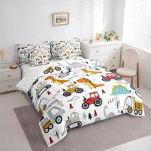 Feelyou 7pcs Construction Comforter Set,Cartoon Dinosaur Bedding Set,Include 1 Comforter+1 Flat Sheet+1 Fitted Sheet+2 Pillowcases+2 Pillowsham,For Twin,Full,King,Queen Bed Sizes,Bed In A Bag,Super Soft And Breathable,Easy Care All Seasons,Bed       In A Bag,Wonderful Room Decor,Holiday Gift - 白色 - 查看 2