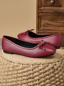 MonaNise Sapatos baixos femininos de bico quadrado, bico fino, com laço de damasco, preto e branco, casuais para atividades ao ar livre, cáqui de alta qualidade, versáteis - Borgonha - Ver 4