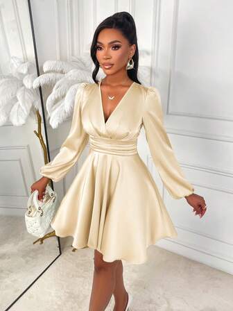 Amarilo Women's Autumn And Winter Elegant Solid Color V-Neck Slim Fit A-Line Puff Sleeve Satin Glossy Short Dress, Suitable For Parties And Daily Commuting Halloween Christmas